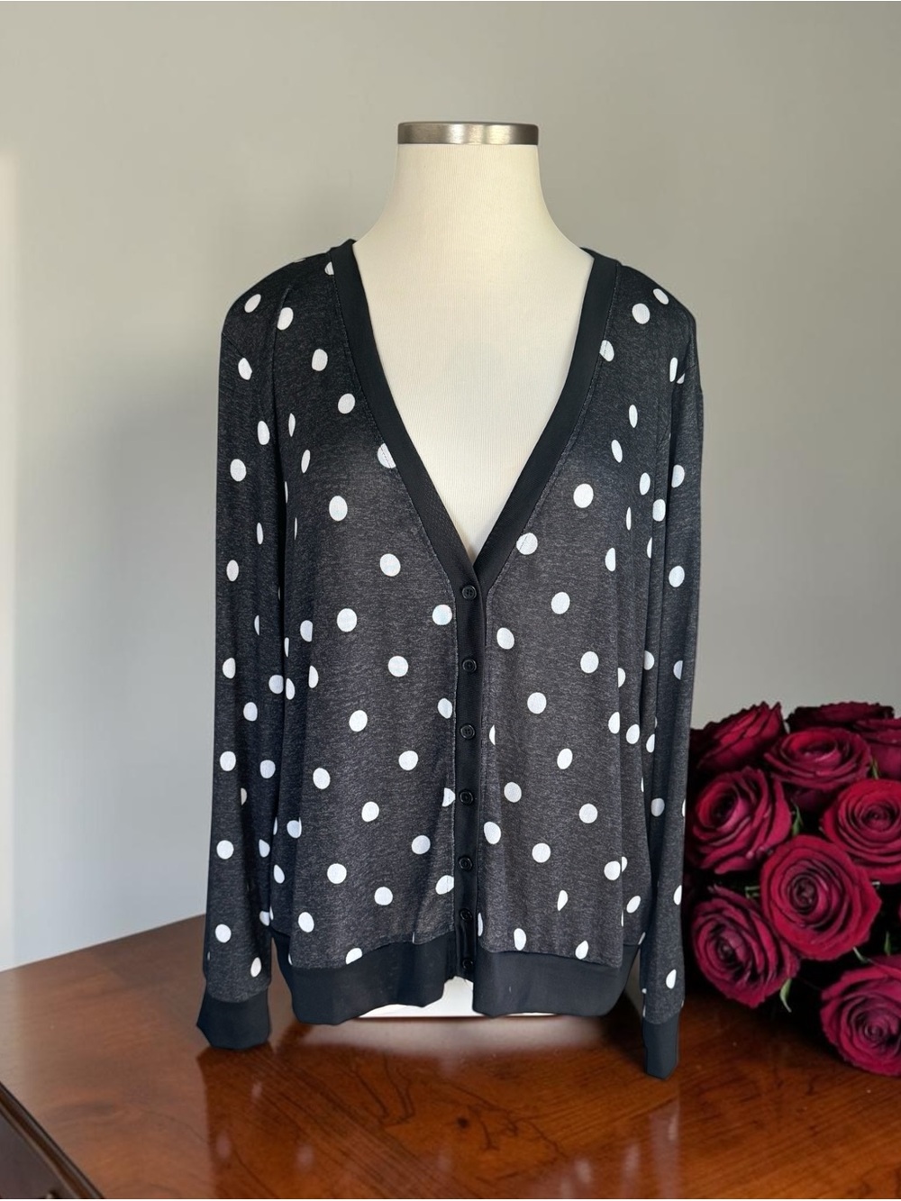 Dark Grey Polka Dot V-Neck Button Cardigan